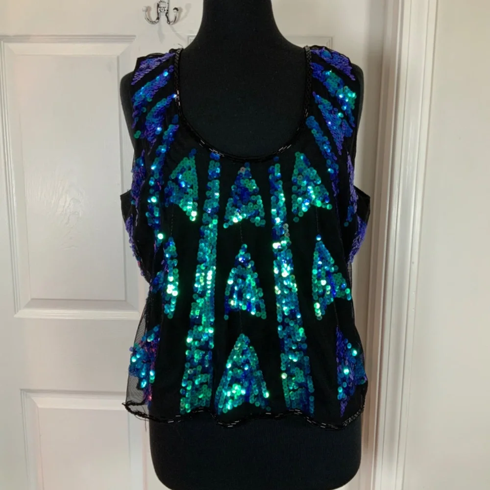 Peacock Sequins Blue Green Sleeveless Party Evening Tank Size 2X - Picture 5 of 5